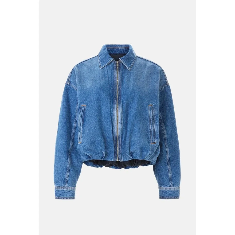 Maje Women’s Denim Bubble Hem Jacket Size 2 (US M) Blue Jean Zip Up NWT